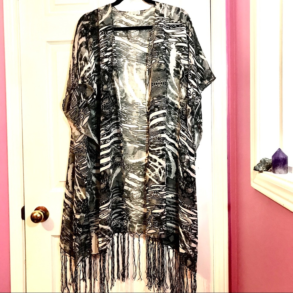 Mixed Print Kimono with Fringe Snakeskin Zebra